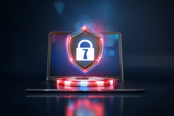 A laptop glowing with a bright login prompt in a minimalistic setup, symbolizing the protected access system at BH999.